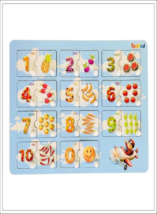TodFod Wooden Number Puzzle Board for Kids - 10 Pcs 0-9 Multicolor Learning Toy with Knobs & Picture Matching | Educational Montessori Counting Puzzle for Children - Image 1